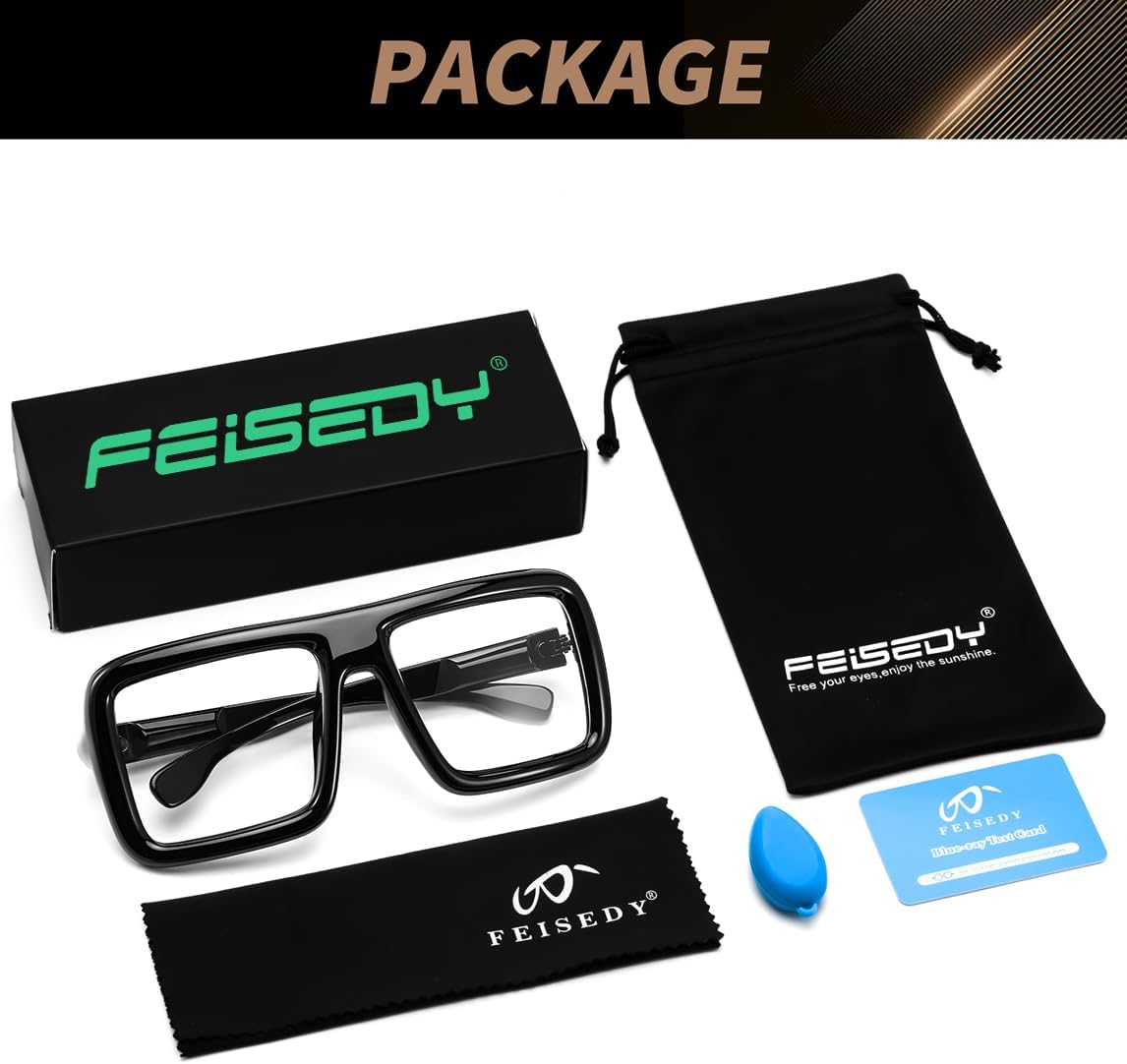 商品图片 8 | B0DFY73V8M | FEISEDY Square Oversized Blue Light Glasses Thick Fake Eyewear Frame for Women Men Nerd Glasses Costume Accessories B0241