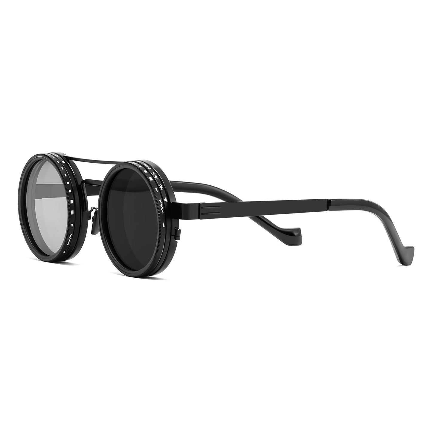 FEISEDY Adjustable Sunglasses Polarized Men, Round Metal ND Filter B1400 | 1-9 Gear Manual Dimming, UV400 TAC Lens, Aircraft-