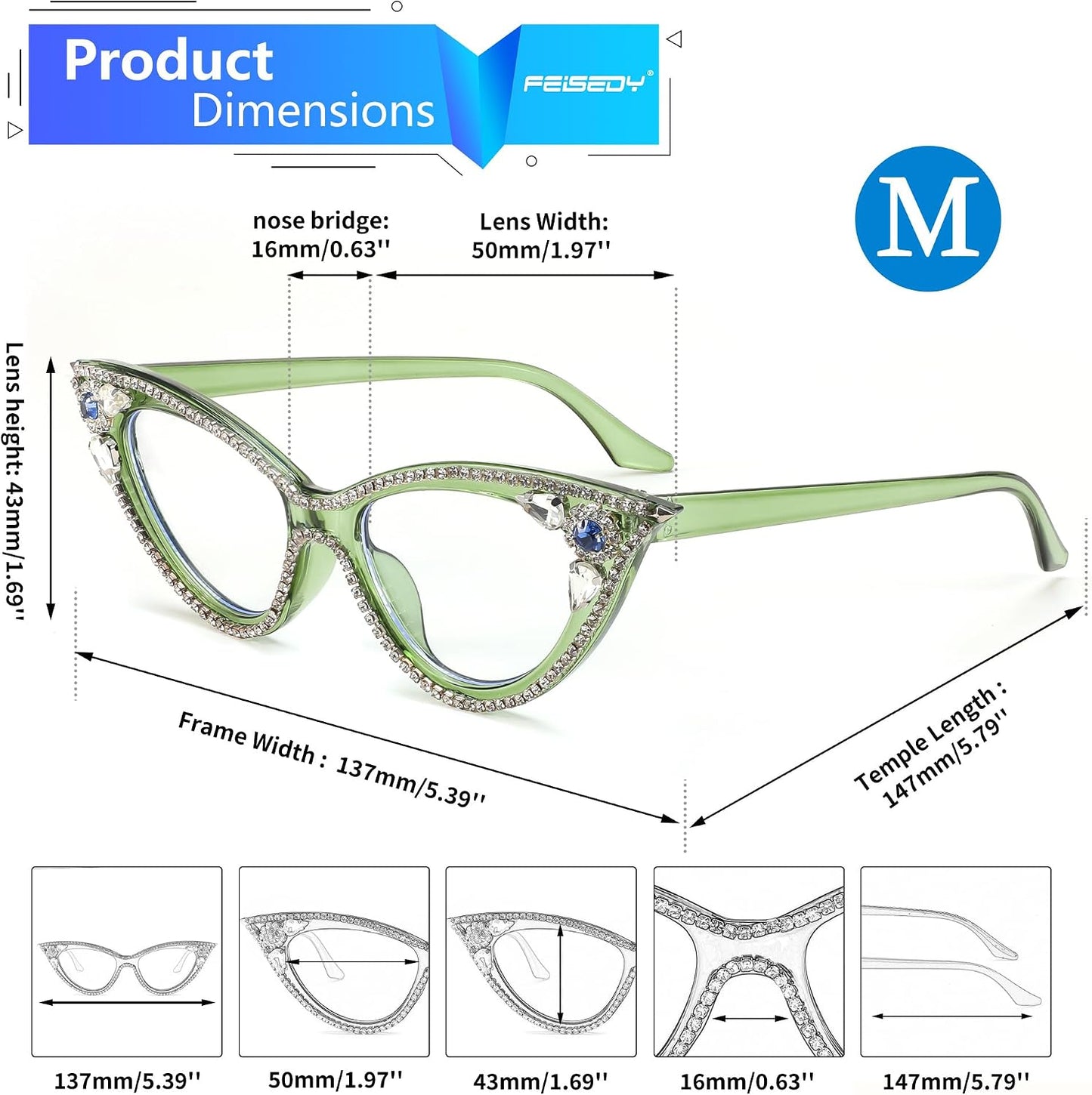 商品图片 29 | B0CQ55685Z | FEISEDY Diamond Blue Light Blocking Glasses Cat Eye Rhinestone Women Glasses Frame Anti Eyestrain Computer Eyewear B0070