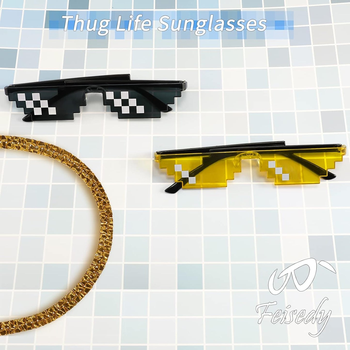 商品图片 20 | B09SCSCKL3 | FEISEDY 2PACK Thug Life Sunglasses Funny Pixelated Mosaic Gamer Glasses Party Disco Cool B2876-F2