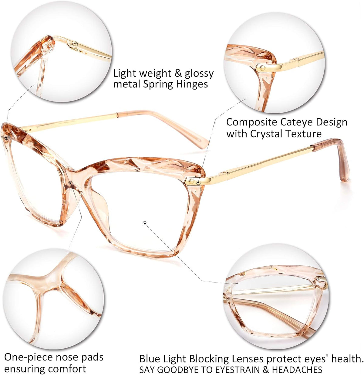 ÉÌƷͼƬ 5 | B088WVS65H | FEISEDY Crystal Cat Eye Reading Glasses Blue Light Blocking Reader Anti Eyestrain Glasses B2596 Champagne 1.75x