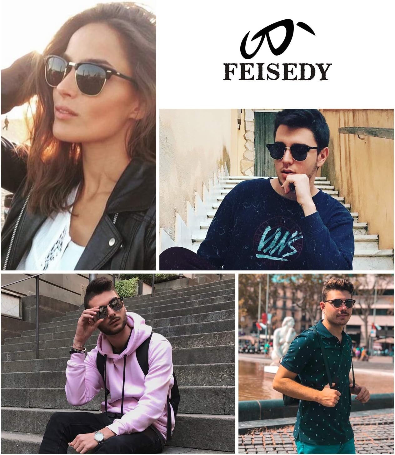 商品图片 7 | B01NCJS1IB | FEISEDY Vintage Half Frame Rimmed Sunglasses Men Women Classic Sun Glasses with Metal Rivets B1510