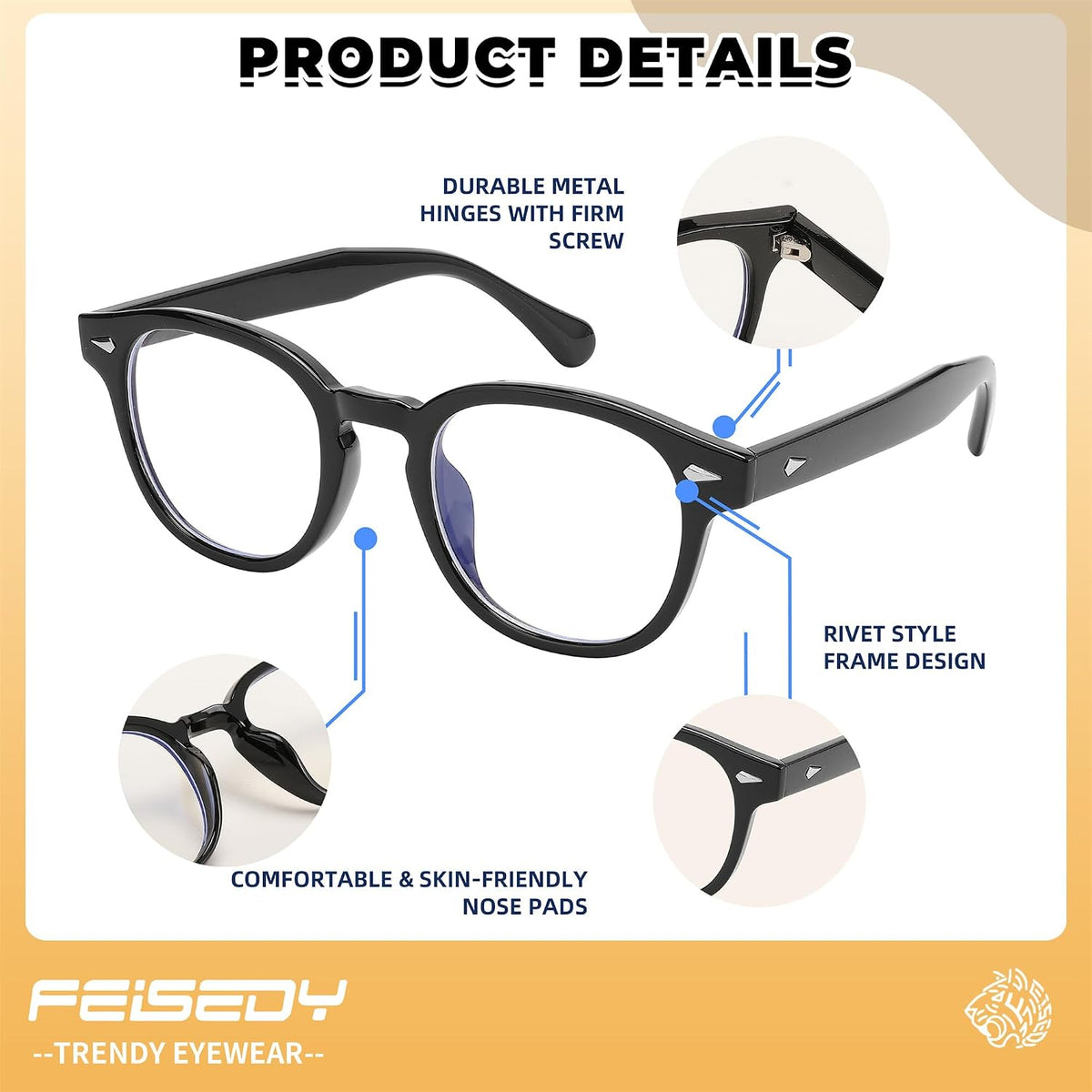 商品图片 4 | B0BRZ8QG4K | FEISEDY Retro Vintage Round Blue Light Blocking Glasses Classic Eyewear Frame for Women Men B2349