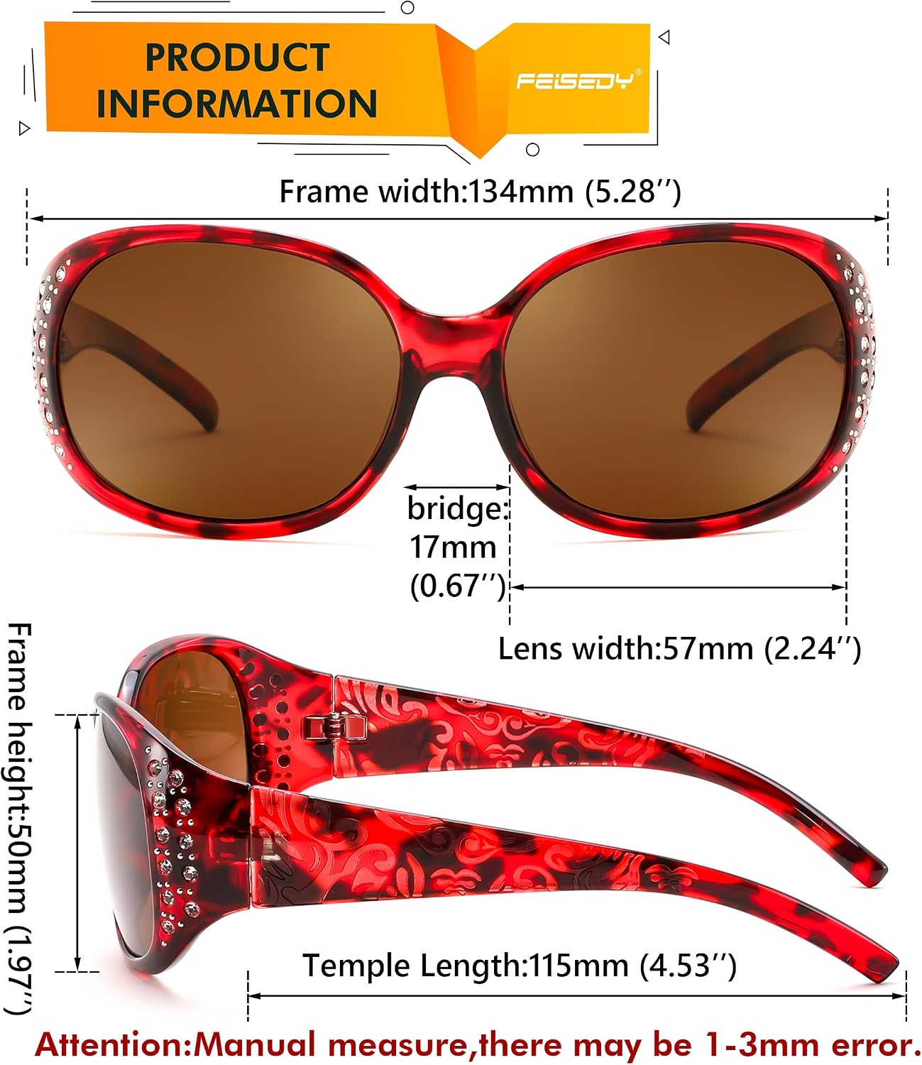商品图片 54 | B0FZT6D16L | FEISEDY Women's Polarized Sunglasses Wrap Around Rhinestone Design Fashion Sunnies UV400 Protection B1091