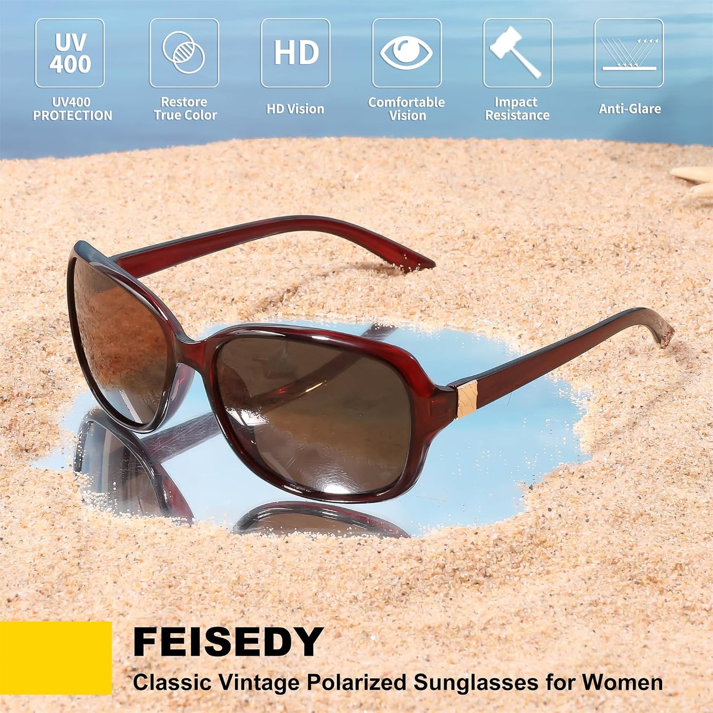 商品图片 49 | B0FZKDK786 | FEISEDY Polarized Sunglasses for Women Classic Vintage UV400 Shade | Trendy Square Wraparound Ladies Sun Glasses B0309