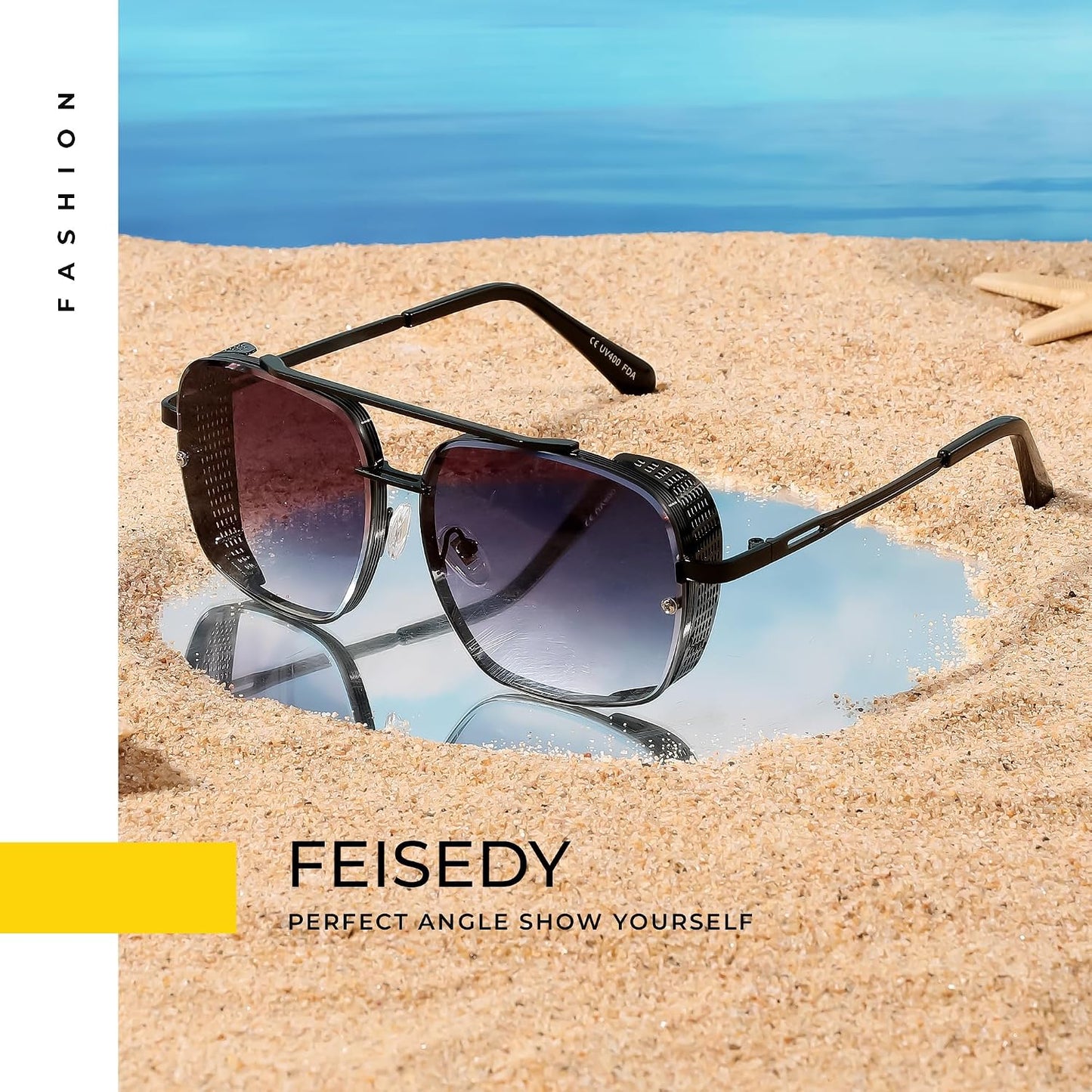 商品图片 66 | B09SDC5BD5 | FEISEDY Sunglasses Mens Women Vintage Pilot Square Trendy Metal Steampunk Fishing Driving Sun Glasses B2894