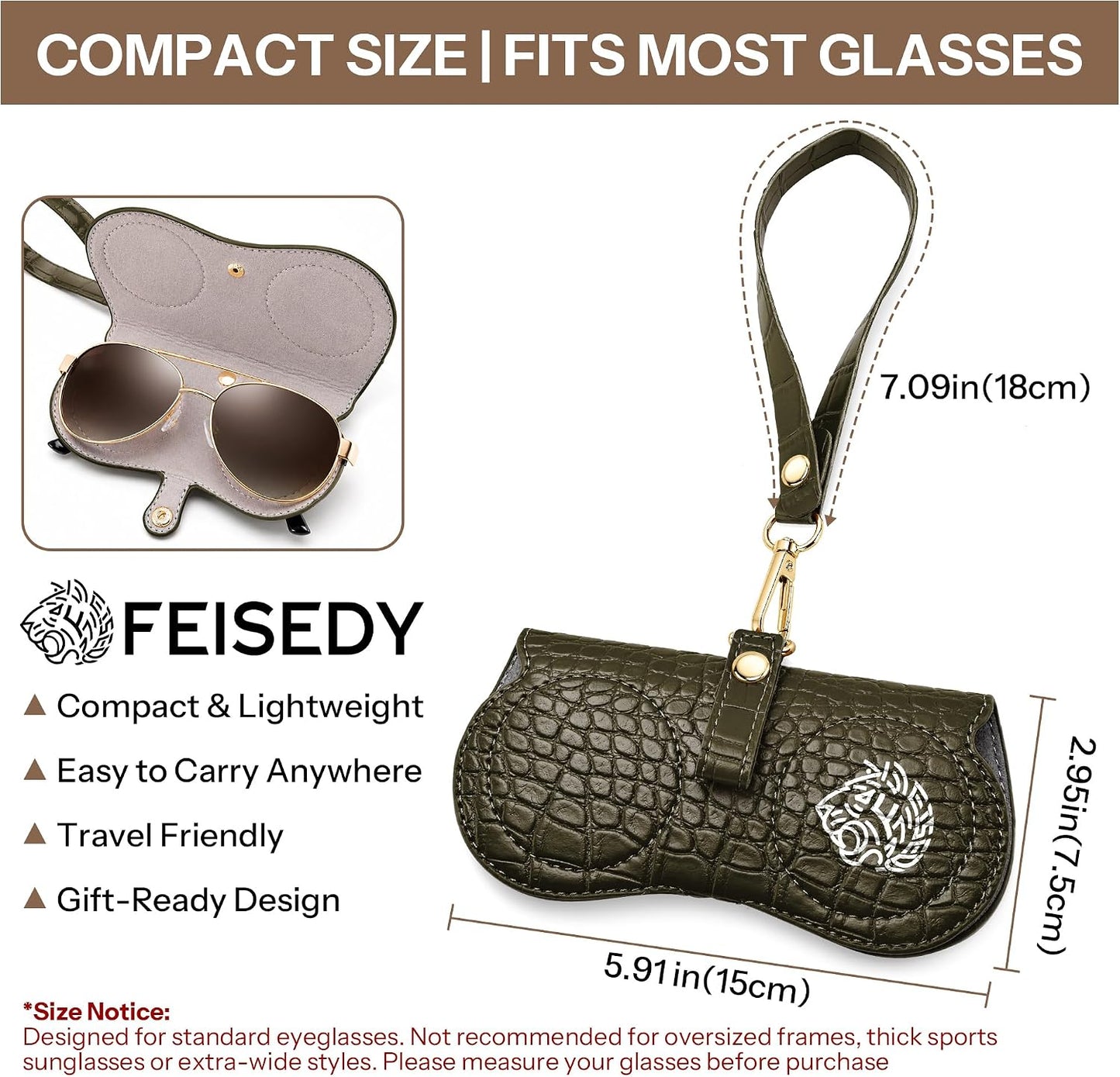 商品图片 37 | B0H4QTYMQP | FEISEDY Soft Crocodile Textured Leather Sunglass Bag, Portable Glasses Pouch With Button Clip Wrist Strap B0366