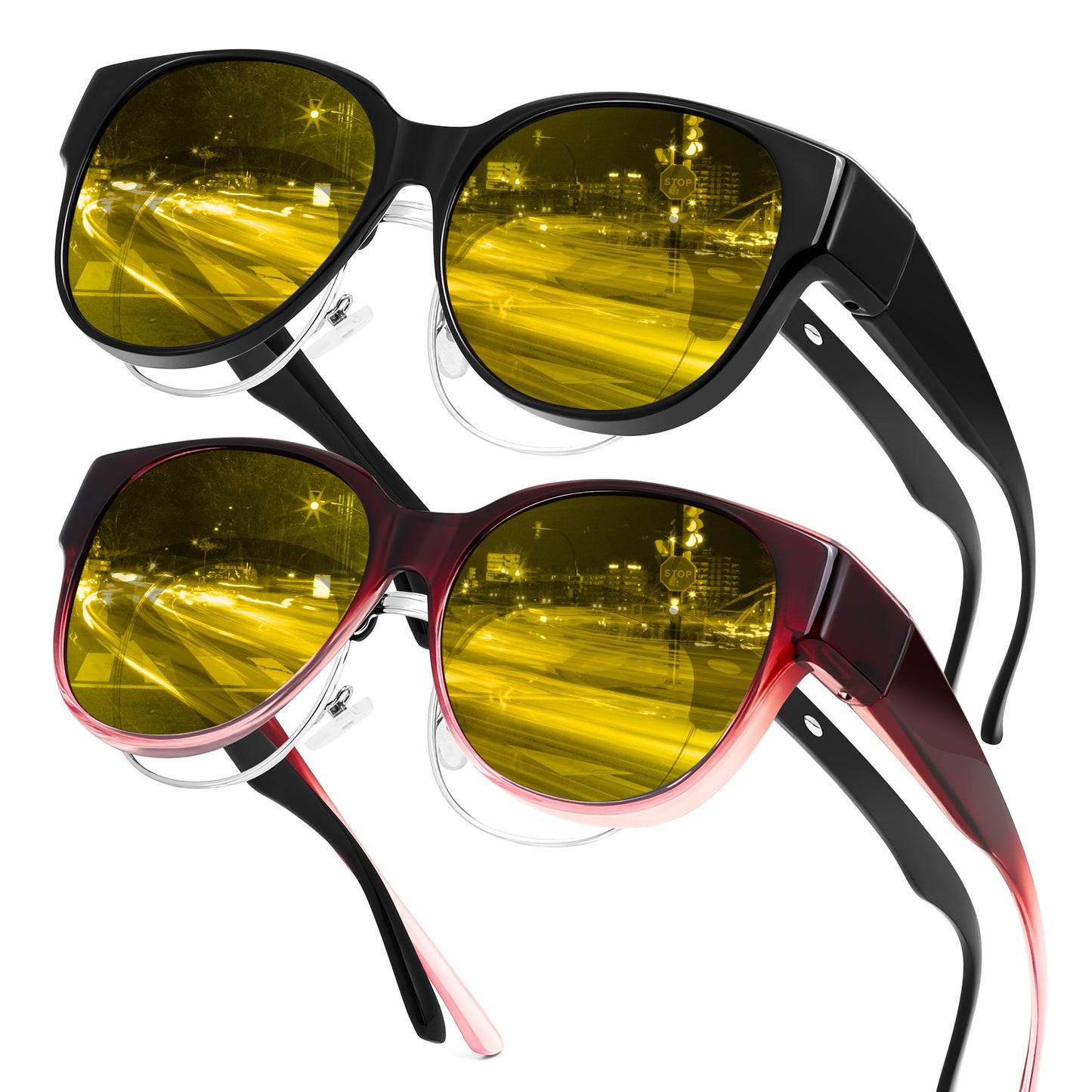 FEISEDY 2Pack Night Driving Glasses Over Glasses with Yellow Lenses Fit Over Polarized Nighttime Sunglasses B0331