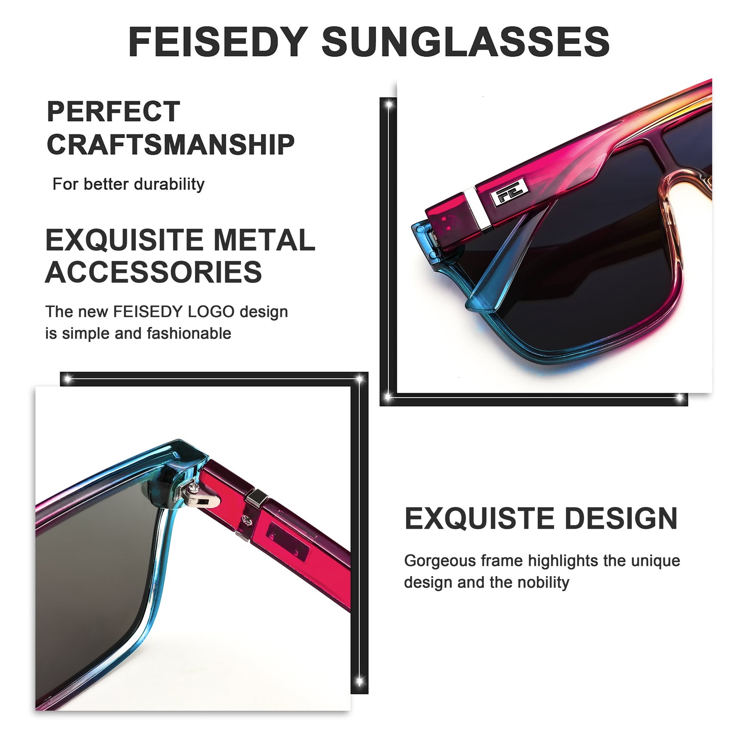 FEISEDY Fashion Flat Top Sunglasses Oversized Square Shades Women Men UV400 B2862