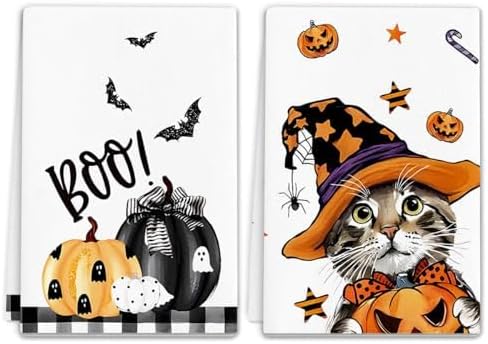 White+orange | B0FVDXFVHQ | 2-Pack Kitchen Towels, Fun Dishcloth with Spooky Decorations Super Absorbent Durable Microfiber