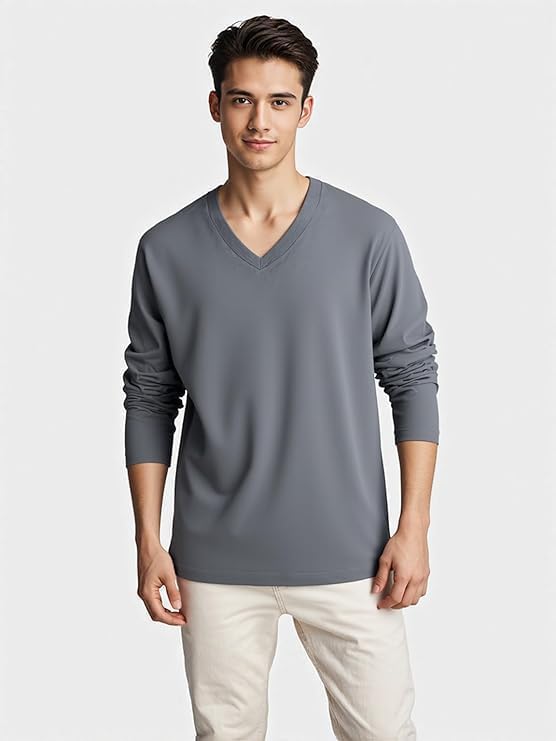 商品图片 4 | B0H1B9JD8K | Mens Long Sleeve Tee Shirts, Soft Cotton V-Neck T-Shirt for Men, Thin Casual Long Sleeve Shirts for Men, Black/White/Gray