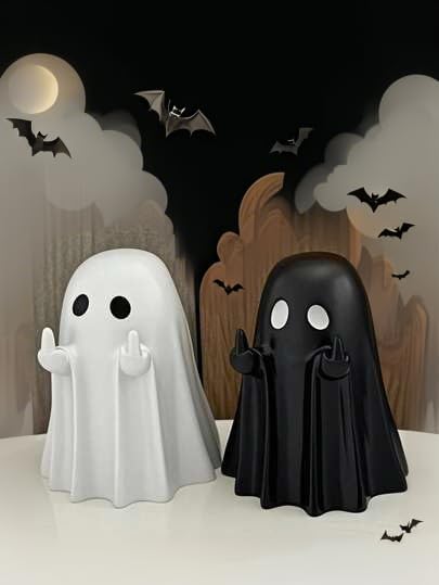 Black+white / 2 | B0FLTMRXHZ | 2Pcs Middle Finger Ghost Ornament, Mini Flipping Ghost Decor with Attitude, Spooky Desktop Art for Table Shelf Indoor