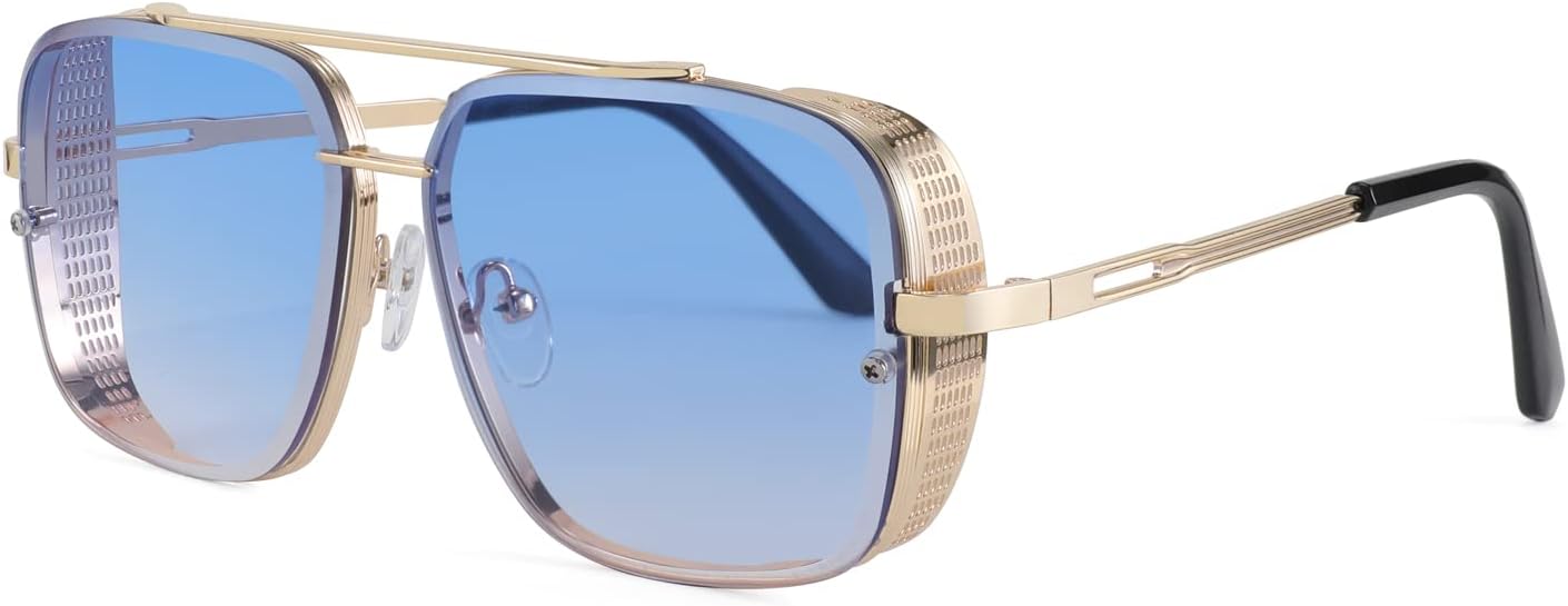 Gradient Blue / 55 Millimeters | B09SD6MCJ2 | FEISEDY Sunglasses Mens Women Vintage Pilot Square Trendy Metal Steampunk Fishing Driving Sun Glasses B2894