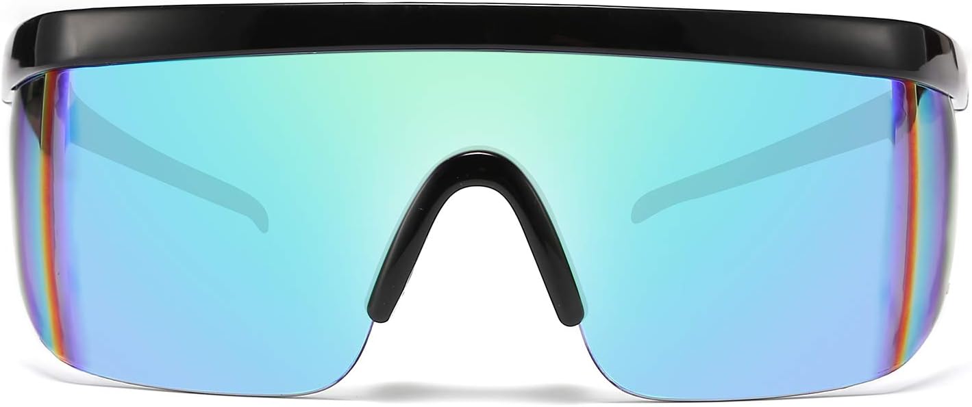 Bright Black Frame Green Mirrored Lens / 56 Millimeters | B07Y1V6DS2 | FEISEDY Oversized Mirror Shield Sport 80s Sunglasses Ski Goggles Flat Top One Piece Futuristic Visor Women Men B2522