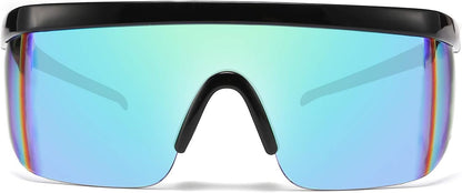 Bright Black Frame Green Mirrored Lens / 56 Millimeters | B07Y1V6DS2 | FEISEDY Oversized Mirror Shield Sport 80s Sunglasses Ski Goggles Flat Top One Piece Futuristic Visor Women Men B2522