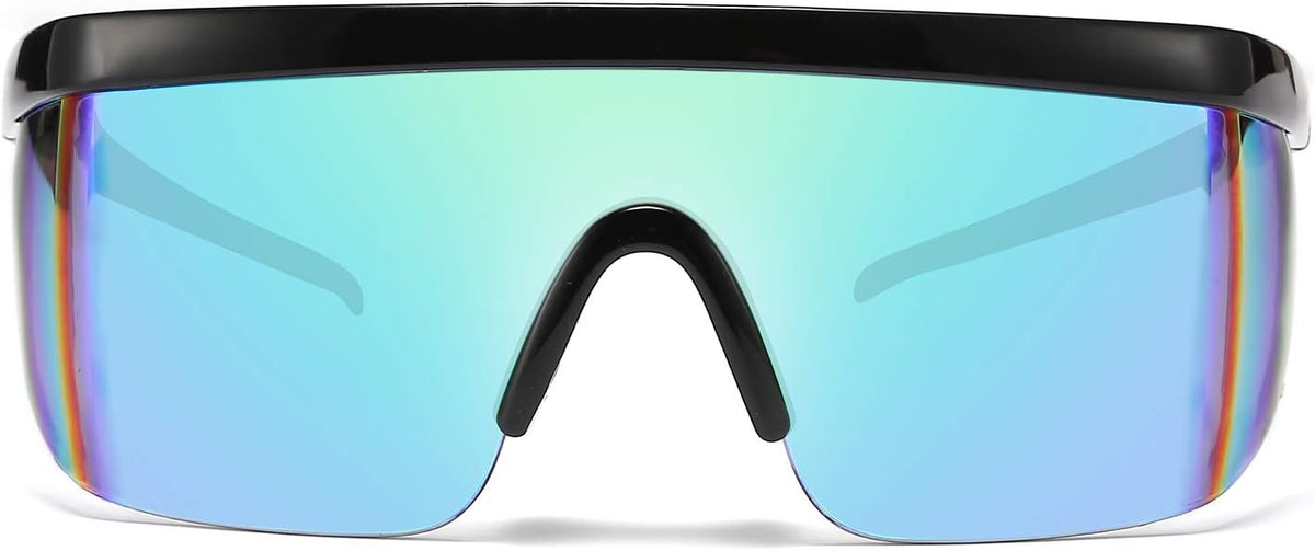 Bright Black Frame Green Mirrored Lens / 56 Millimeters | B07Y1V6DS2 | FEISEDY Oversized Mirror Shield Sport 80s Sunglasses Ski Goggles Flat Top One Piece Futuristic Visor Women Men B2522