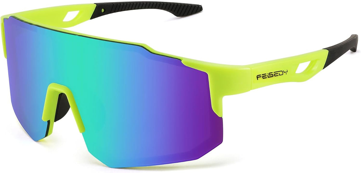 004-fluorescence Green / 75mm | B0C6LM46LL | FEISEDY Sports Sunglasses for Men, Women and Teens - Baseball, Biking, Cycling UV400 Protection B2388