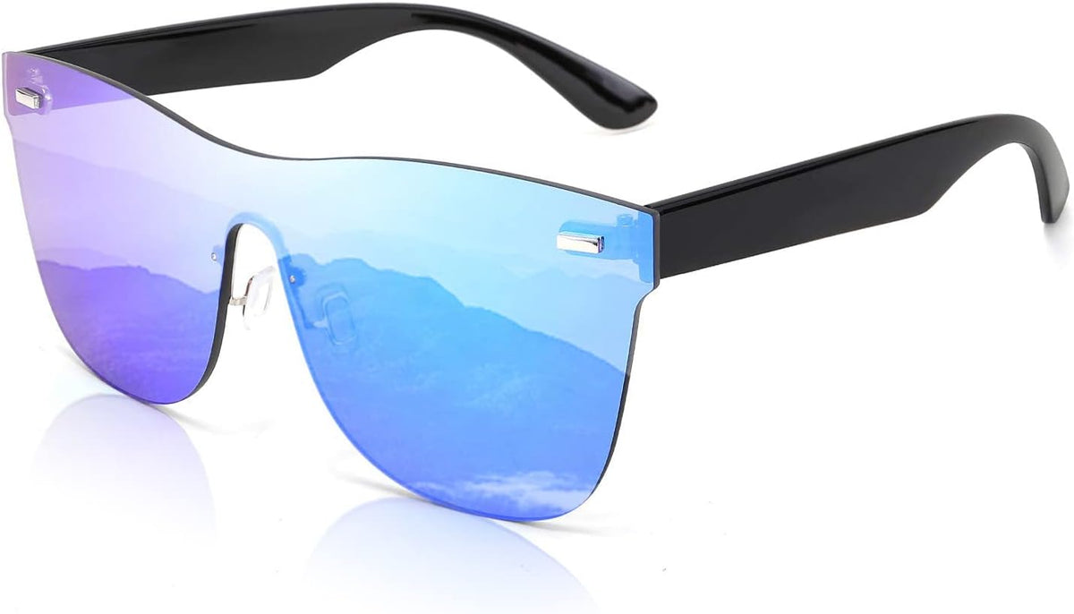 Blue / 64 Millimeters | B08DXZGMJ5 | FEISEDY Mirrored Rimless Sunglasses One Piece Lens Reflective Sunglasses for Women Men B2647