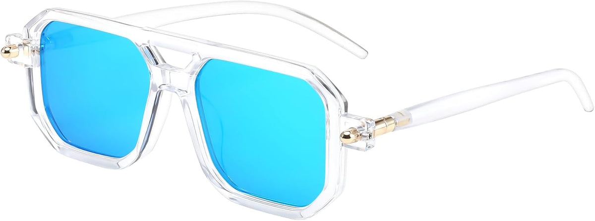 029 Transparent Frame & Blue Mirrored Lens / 52 Millimeters | B0DPCJZVFK | FEISEDY Vintage Square 70s Flat Aviator Sunglasses Women Men Classic Retro Stylish Frame UV400 Sunglasses B2622