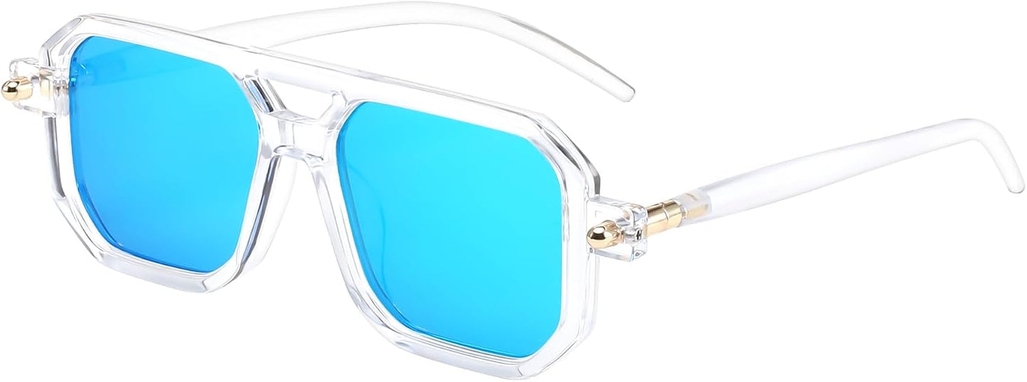 029 Transparent Frame & Blue Mirrored Lens / 52 Millimeters | B0DPCJZVFK | FEISEDY Vintage Square 70s Flat Aviator Sunglasses Women Men Classic Retro Stylish Frame UV400 Sunglasses B2622