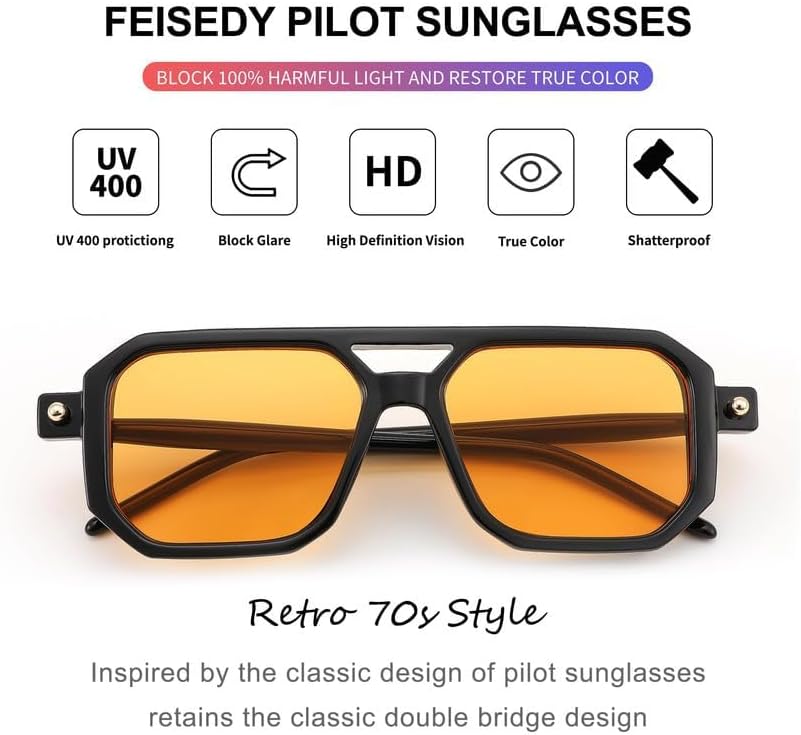 商品图片 165 | B09YTJ4FQZ | FEISEDY Vintage Square 70s Flat Aviator Sunglasses Women Men Classic Retro Stylish Frame UV400 Sunglasses B2622