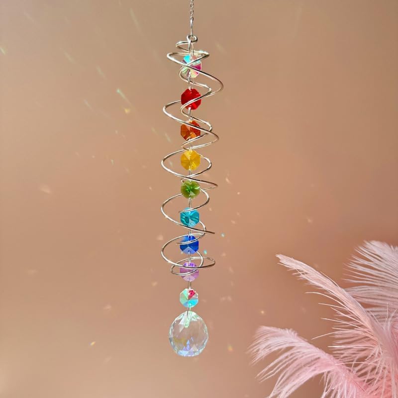 商品图片 5 | B0GZVDQXS6 | Chakra Beads Sun Catcher Wind Spinner, Rainbow Crystal Spiral Tail Rainbow Maker, Window Hanging Decor for Home Garden