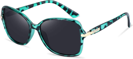 FEISEDY Womens Polarized Sunglasses UV400 Anti Glare Fashion Shades | Trendy Elegant Colored Frame for Ladies, for Driving Travel Shopping B2760 | BLUE Series - Green Leopard Frame & Grey Lens