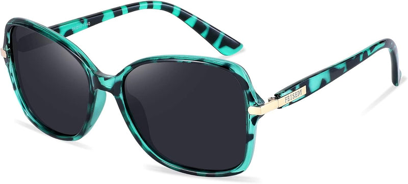 FEISEDY Womens Polarized Sunglasses UV400 Anti Glare Fashion Shades | Trendy Elegant Colored Frame for Ladies, for Driving Travel Shopping B2760 | BLUE Series - Green Leopard Frame & Grey Lens