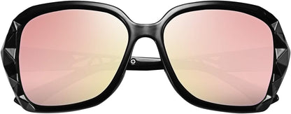 FEISEDY Polarized Women Square Sunglasses Sparkling Composite Shiny Frame B2289 | BLACK Series - 4 Black/Rose Gold Pink
