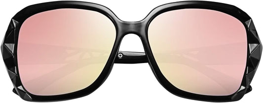 FEISEDY Polarized Women Square Sunglasses Sparkling Composite Shiny Frame B2289 | BLACK Series - 4 Black/Rose Gold Pink