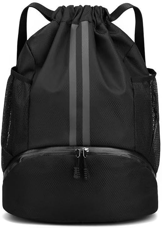 Black | B0H2HGPG4D | Sports Drawstring Backpack for Women Men String Swim Gym String Bag with Reflective Strip Shoes Compartment Wet Proof Pocke