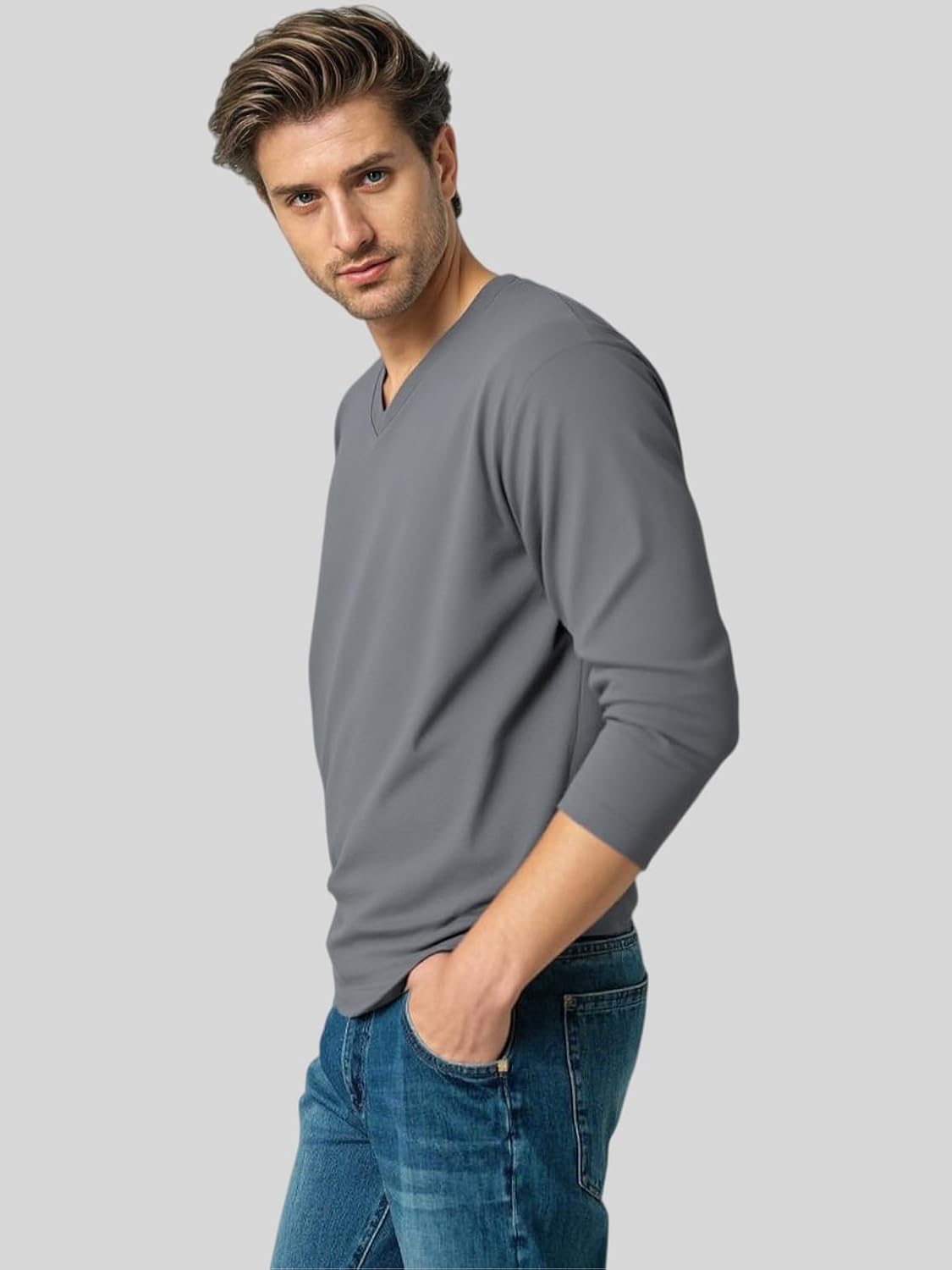 商品图片 5 | B0H1B9JD8K | Mens Long Sleeve Tee Shirts, Soft Cotton V-Neck T-Shirt for Men, Thin Casual Long Sleeve Shirts for Men, Black/White/Gray