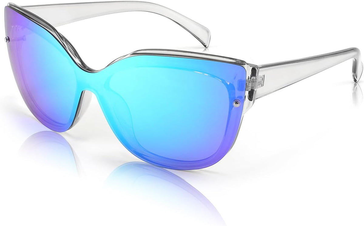 006 Transparent Grey Frame/Blue Mirror Lens / 66 Millimeters | B09LTX5QGW | FEISEDY Cat Eye Sunglasses Polarized for Women Men£¬Rimless Mirrored Sunglasses, Oversized, Trendy Retro Sun Glasses B2796