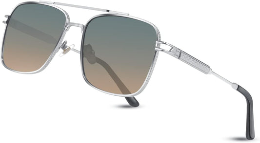 Blue Yellow Lens Silver Metal Frame / 56 Millimeters | B09KX4RV8J | FEISEDY Retro Square Aviator Sunglasses for Men Women Vintage 70s Pilot Shades Classic Metal Frame B2845