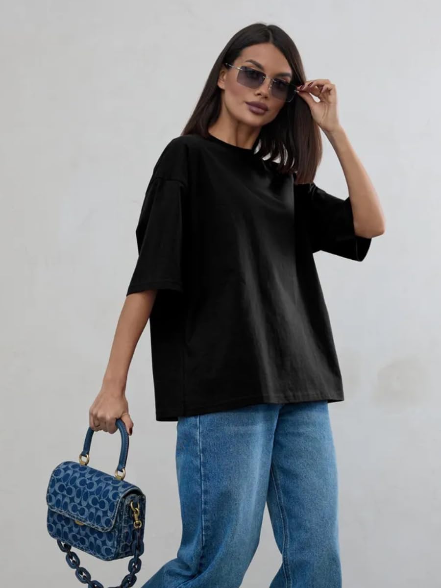 商品图片 5 | B0GZ3FBWKM | Women's Basic Oversized T-Shirt, Loose Fit Crewneck Short Sleeve Tee, Casual Solid Color Drop Shoulder Top