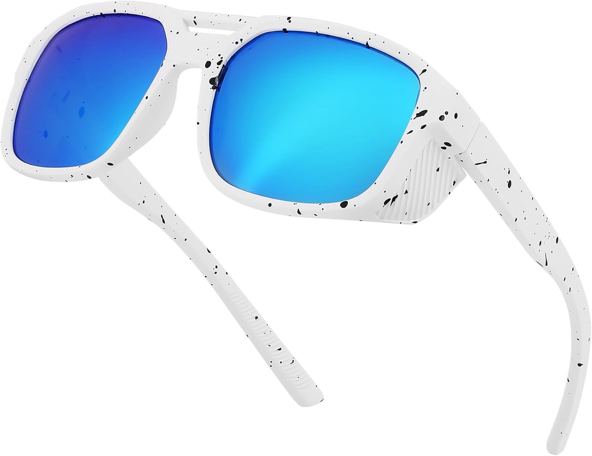 White Blue / 55 Millimeters | B0FV3BCRYH | FEISEDY Polarized Sunglasses Men Women Side Shield Goggles Retro Pilot Square Steampunk Fishing Sun Glasses B0348
