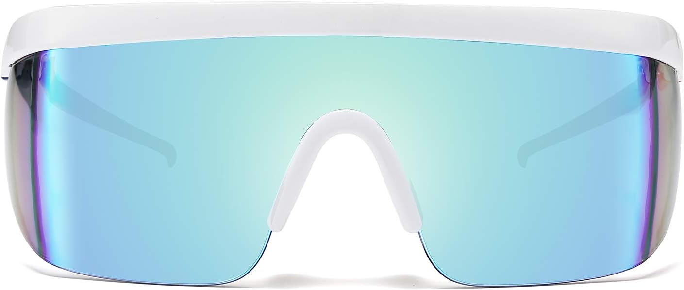 001 White Frame Blue Mirrored Lens / 56 Millimeters | B07Y1VH8BV | FEISEDY Oversized Mirror Shield Sport 80s Sunglasses Ski Goggles Flat Top One Piece Futuristic Visor Women Men B2522
