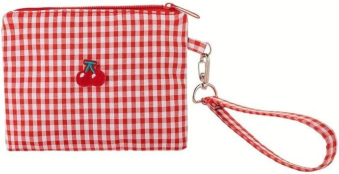 商品图片 4 | B0H2HN71LH | Cherry Coin Purse, Red Checkered Embroidered Cherry Canvas Makeup Bag, Sanitary Napkin Storage Pouch with Wrist Strap