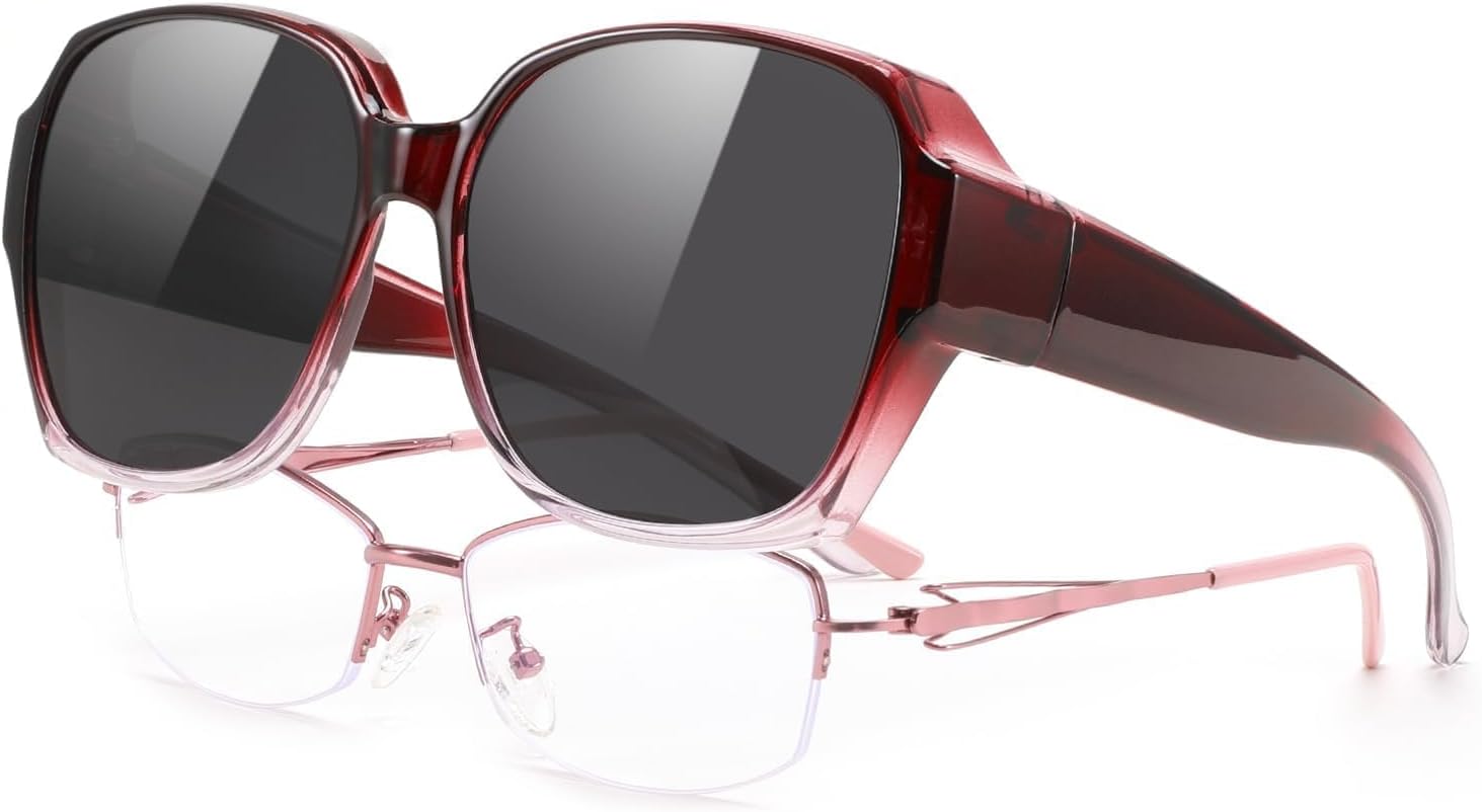 Gradient Red Frame & Black Lens / 59 Millimeters | B0CPJ9RFS5 | FEISEDY Fit Over Glasses Sunglasses Polarized for Women Sunglasses Over Prescription Glasses Oversized UV Protection B1114