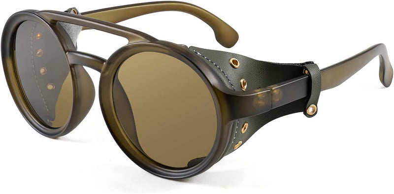 Green / 48 Millimeters | B09WN3J4YZ | FEISEDY Retro Round Steampunk Sunglasses Women Men Leatherwear B2532