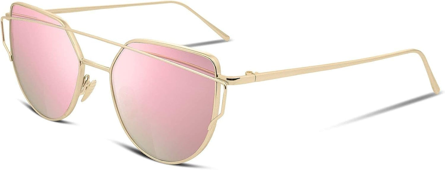 06 Gold Frame Pink Mirror Lens / 56 Millimeters | B01IHH68WG | FEISEDY Cat Eye Fashion Metal Frame Mirrored Flat Lenses Women Sunglasses B2206