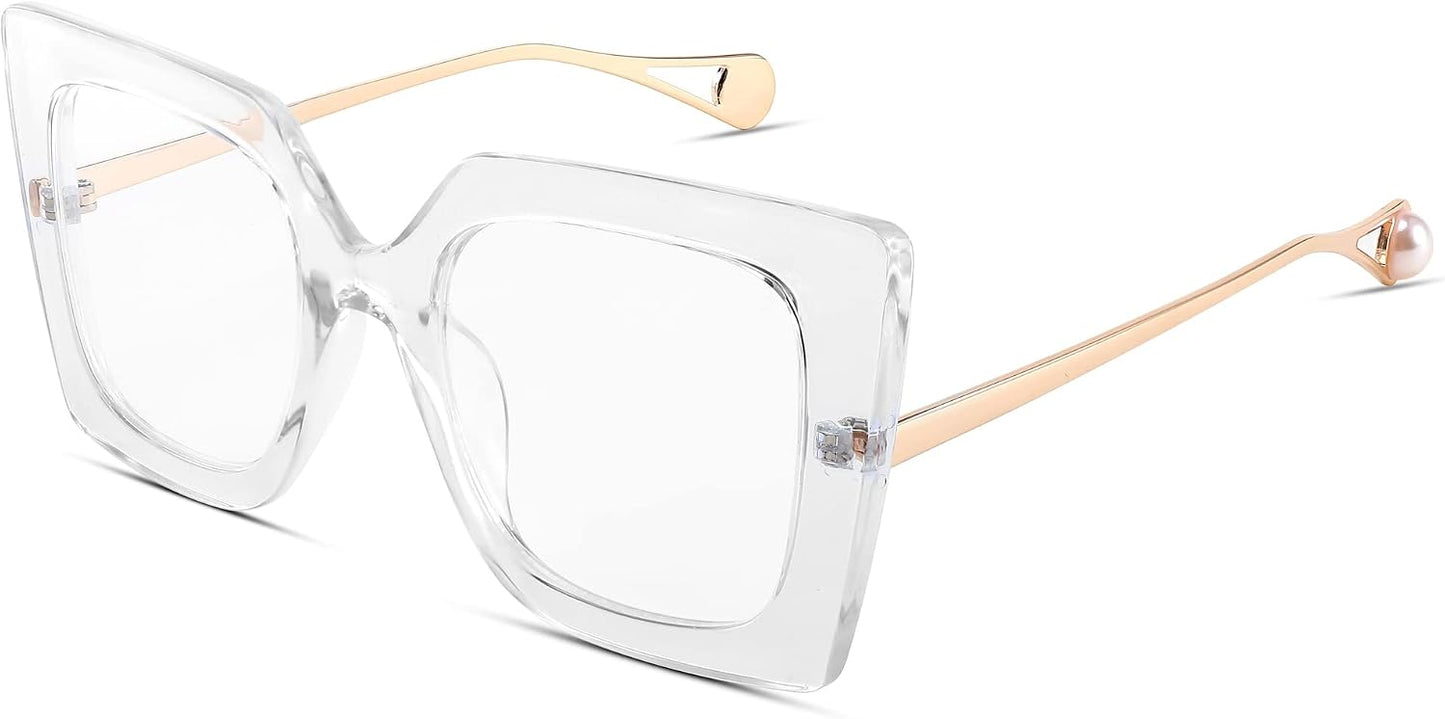 Transparent / 62 Millimeters | B0BXN2V8LD | FEISEDY Oversized Square Blue Light Blocking Glasses Eye Strain Glare Pearl Inlay Arm Cat Eye Fashion Eyewear B2639