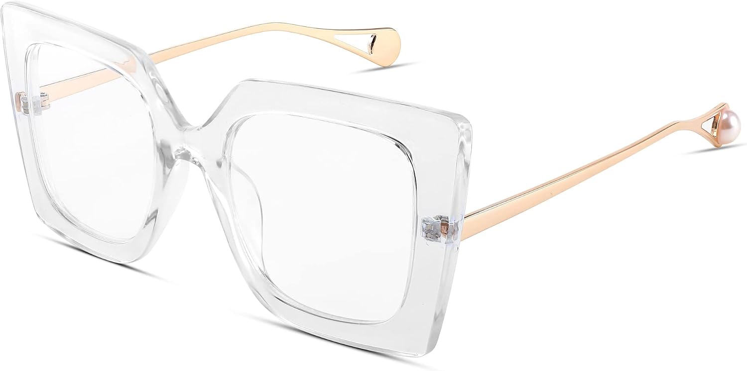 Transparent / 62 Millimeters | B0BXN2V8LD | FEISEDY Oversized Square Blue Light Blocking Glasses Eye Strain Glare Pearl Inlay Arm Cat Eye Fashion Eyewear B2639