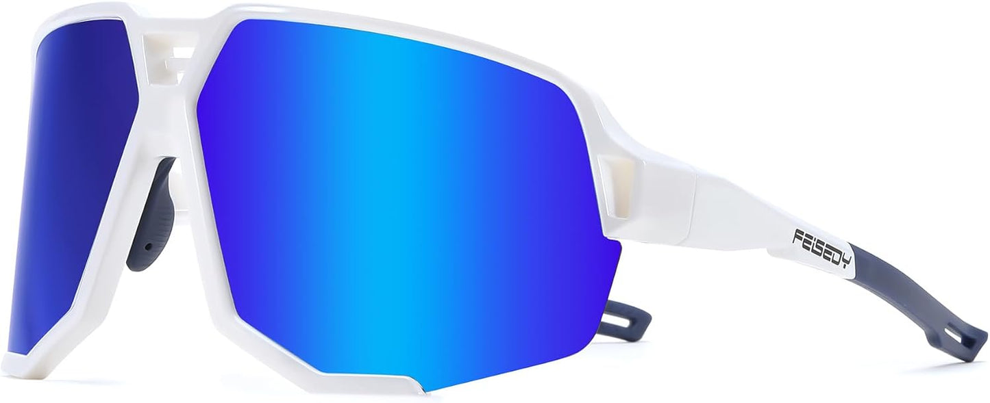 White Frame Blue Mirrored Lens / Large | B0DN1MXCJW | FEISEDY Polarized Cycling Glasses Sports Sunglasses for Women Men Youth, Running Hiking Baseball Glasses B0215