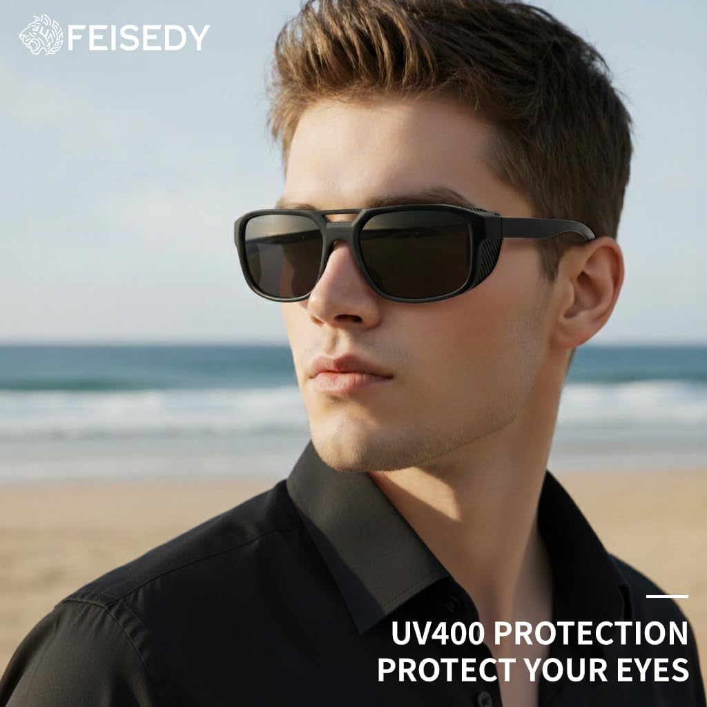 ÉÌƷͼƬ 2 | B0FV3CK7PF | FEISEDY Polarized Sunglasses Men Women Side Shield Goggles Retro Pilot Square Steampunk Fishing Sun Glasses B0348