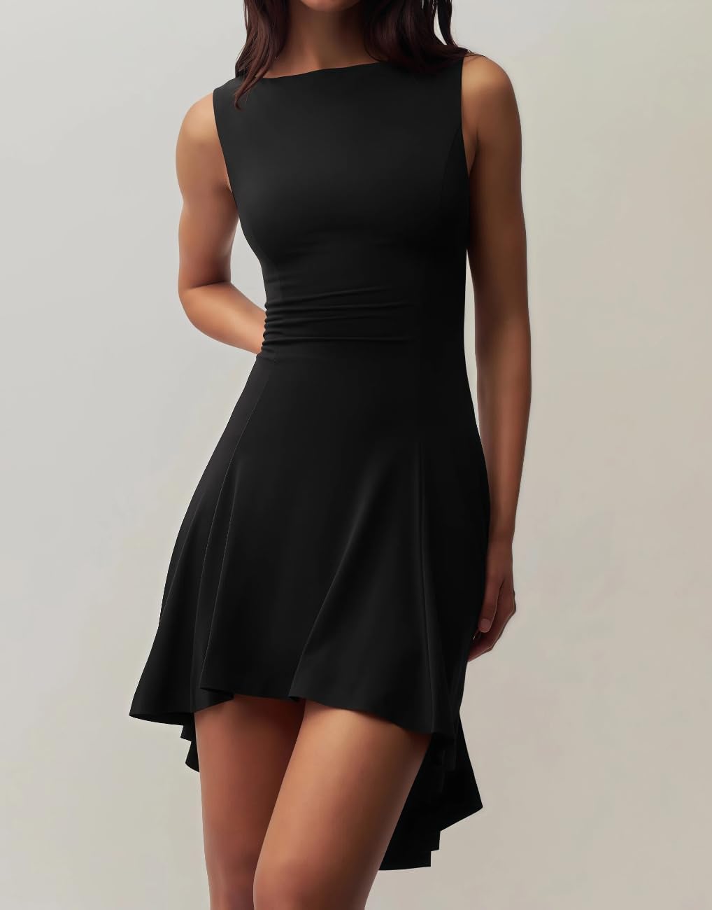 商品图片 3 | B0GXV3NZYW | Women's Boat Neck Dress Summer Sleeveless Ruched Waist Asymmetrical Hem Elegant Classy Cocktail Graduation Short Dress