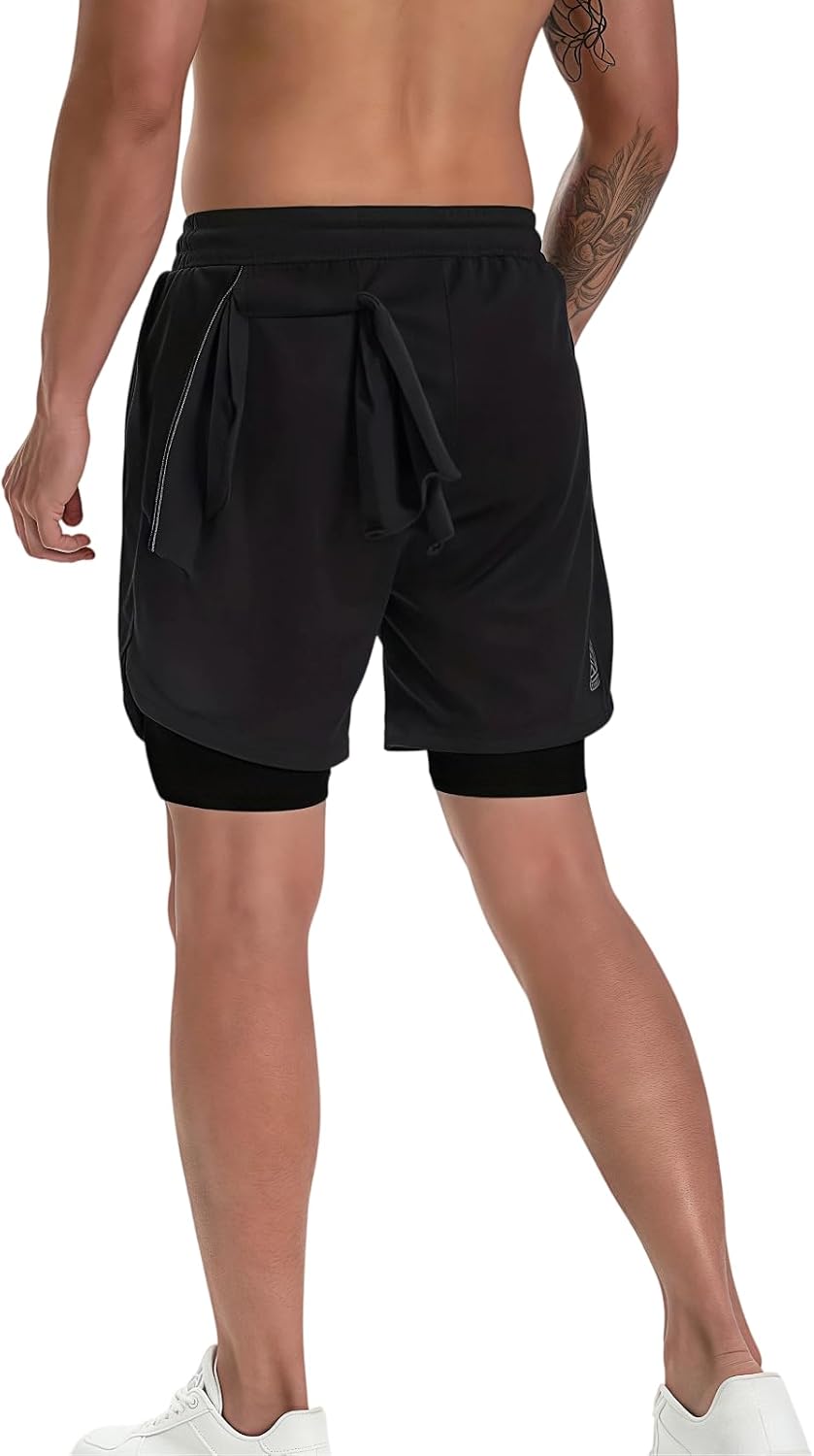 商品图片 4 | B0GPQ7RZX8 | Men's 2-in-1 Running Shorts with Phone Pockets - Quick Dry Gym & Workout Shorts for Athletic Men Black