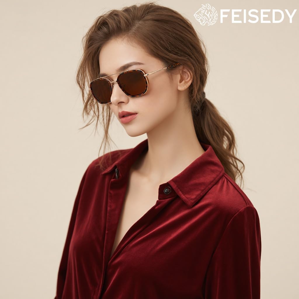 商品图片 32 | B0FQ4Y7FV6 | FEISEDY Polarized Aviator Sunglasses for Women Men Square TAC Lens B0329 | UV400 protection, Lightweight, Military-grade durability, Spring temples, Climate Pledge Friendly, Driving, Beach