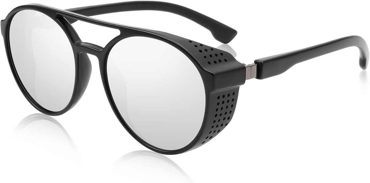 White Mirror Lens / 54 Millimeters | B0B6HX9HXS | FEISEDY Classic Steampunk Sunglasses for Men Women Retro Round Gothic Shades Eyewear UV400 Protection B2957