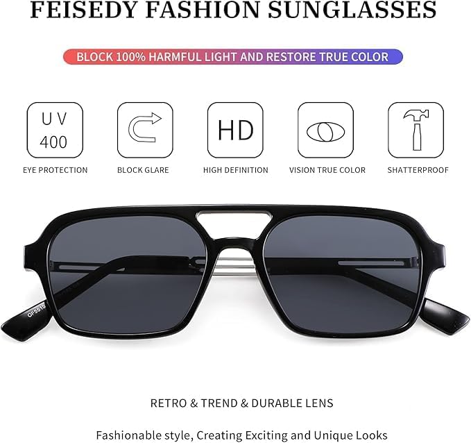 ÉÌƷͼƬ 3 | B0925V3NP4 | FEISEDY Vintage Square 70s Flat Aviator Sunglasses Women Men Metal Design Shades B2752